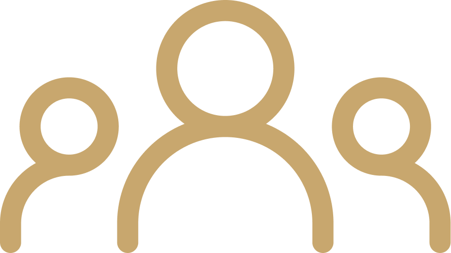 Three people icon, gold outline.