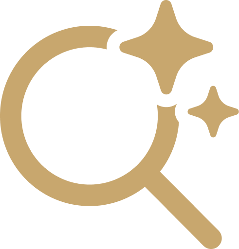 Magnifying glass with stars icon.